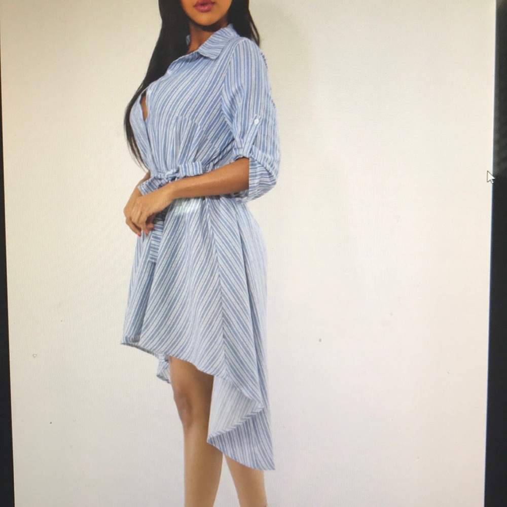 High -low striped Denim Belted Dress - Picture 2 of 3